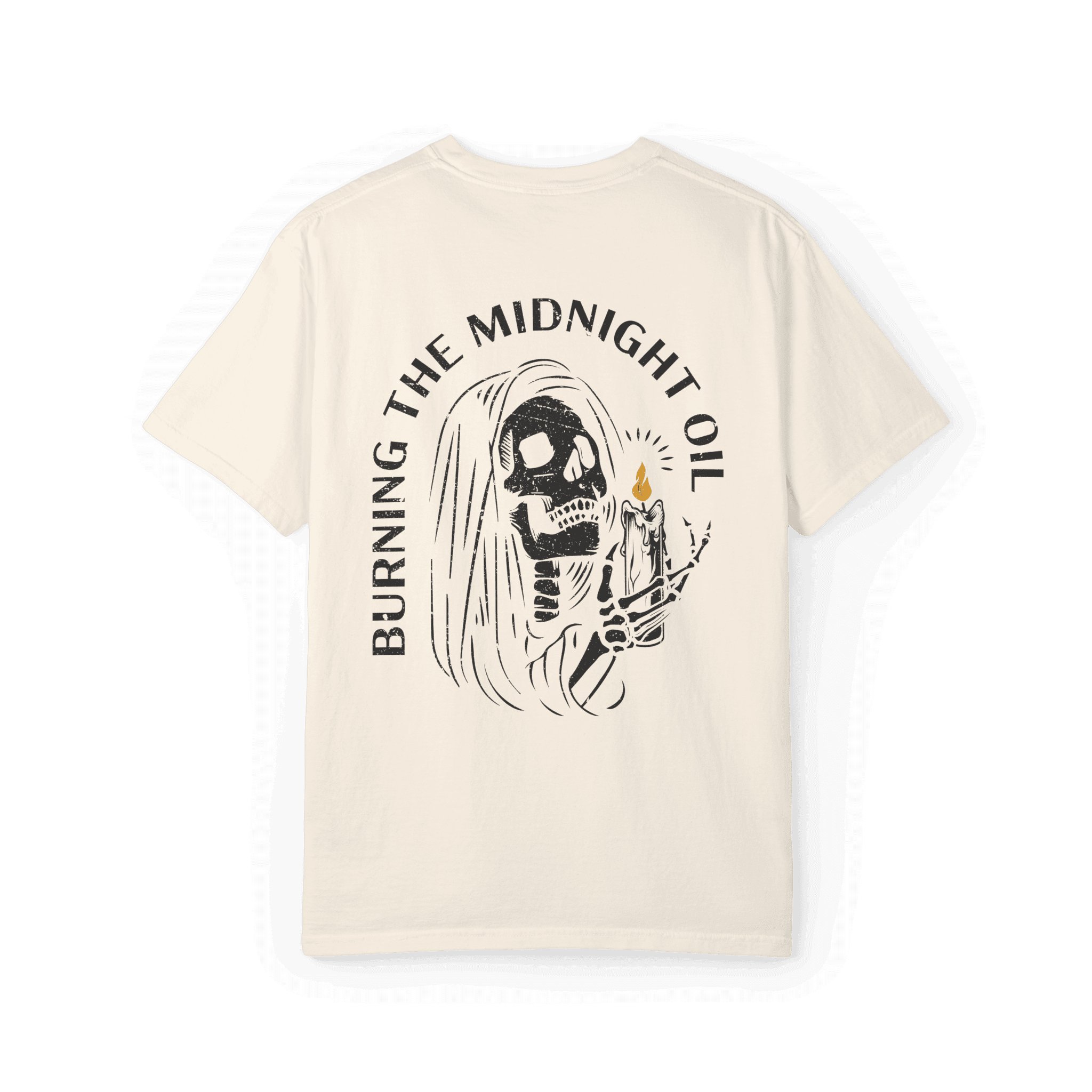 Burning the midnight oil t-shirt back ivory