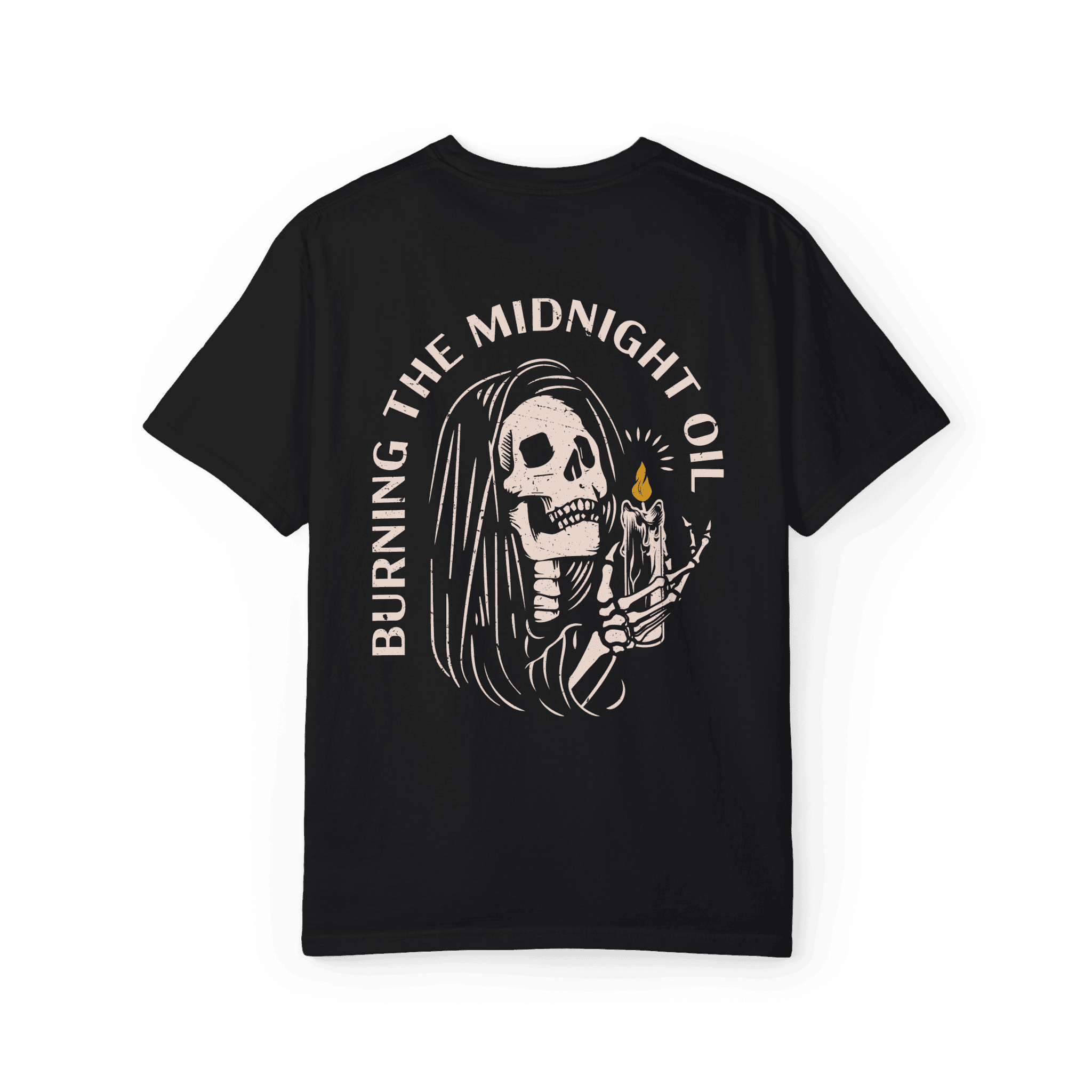 Burning the midnight oil t-shirt back